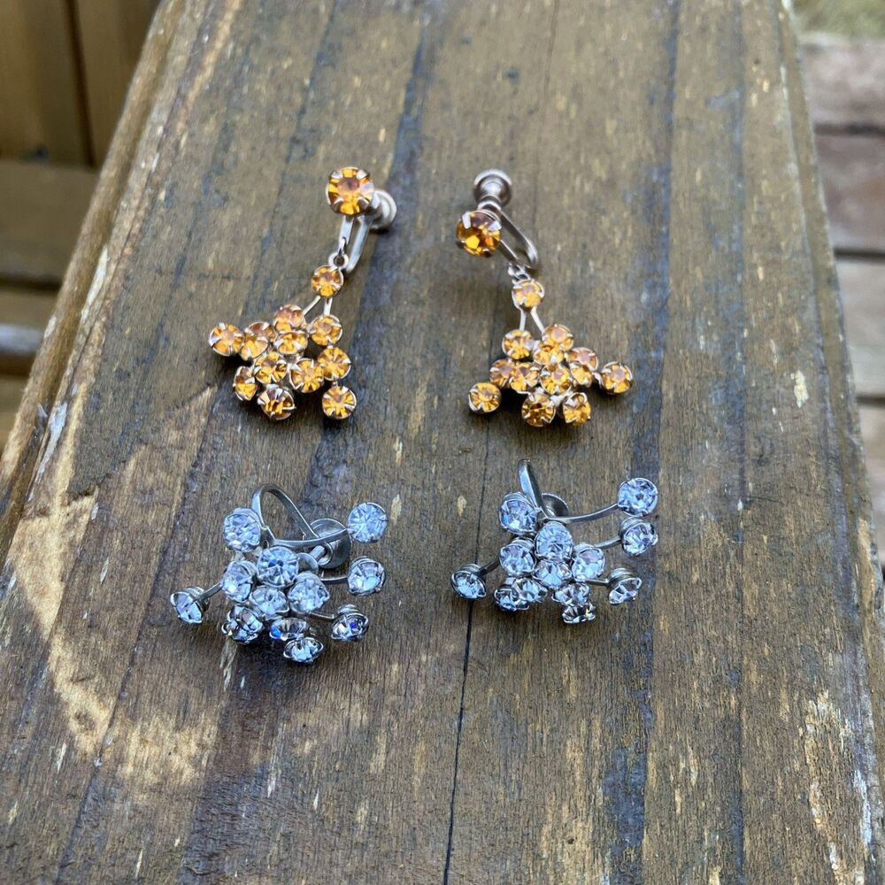 VTG Screw back Earrings Prong Crystal Rhinestone Starburst Lot Of 2 Amber Clear